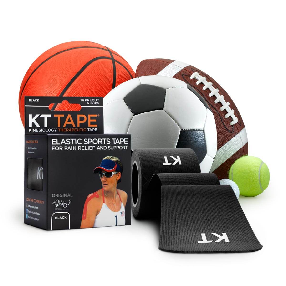 A box of KT Tape with a roll of black tape unspooled beside it, surrounded by a basketball, soccer ball, football, tennis ball, and baseball.