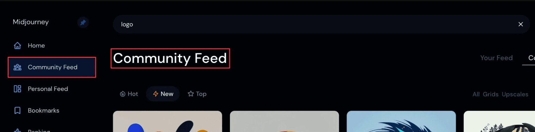 Community feed de Midjourney, un vivier d'inspiration pour créer des logos