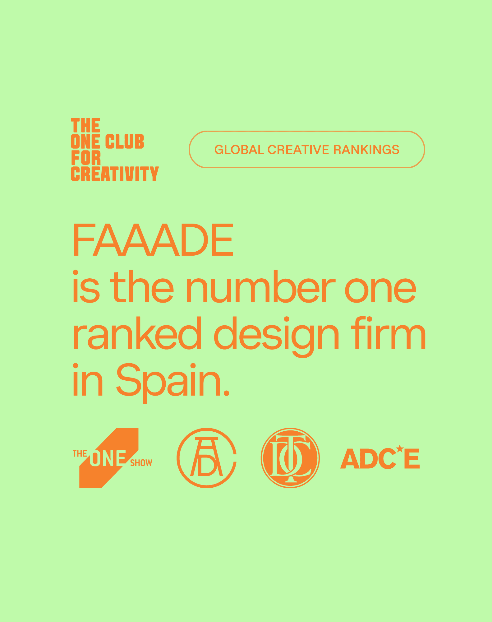 FAAADE ranked #1 design firm in Spain at the annual The One Club awards