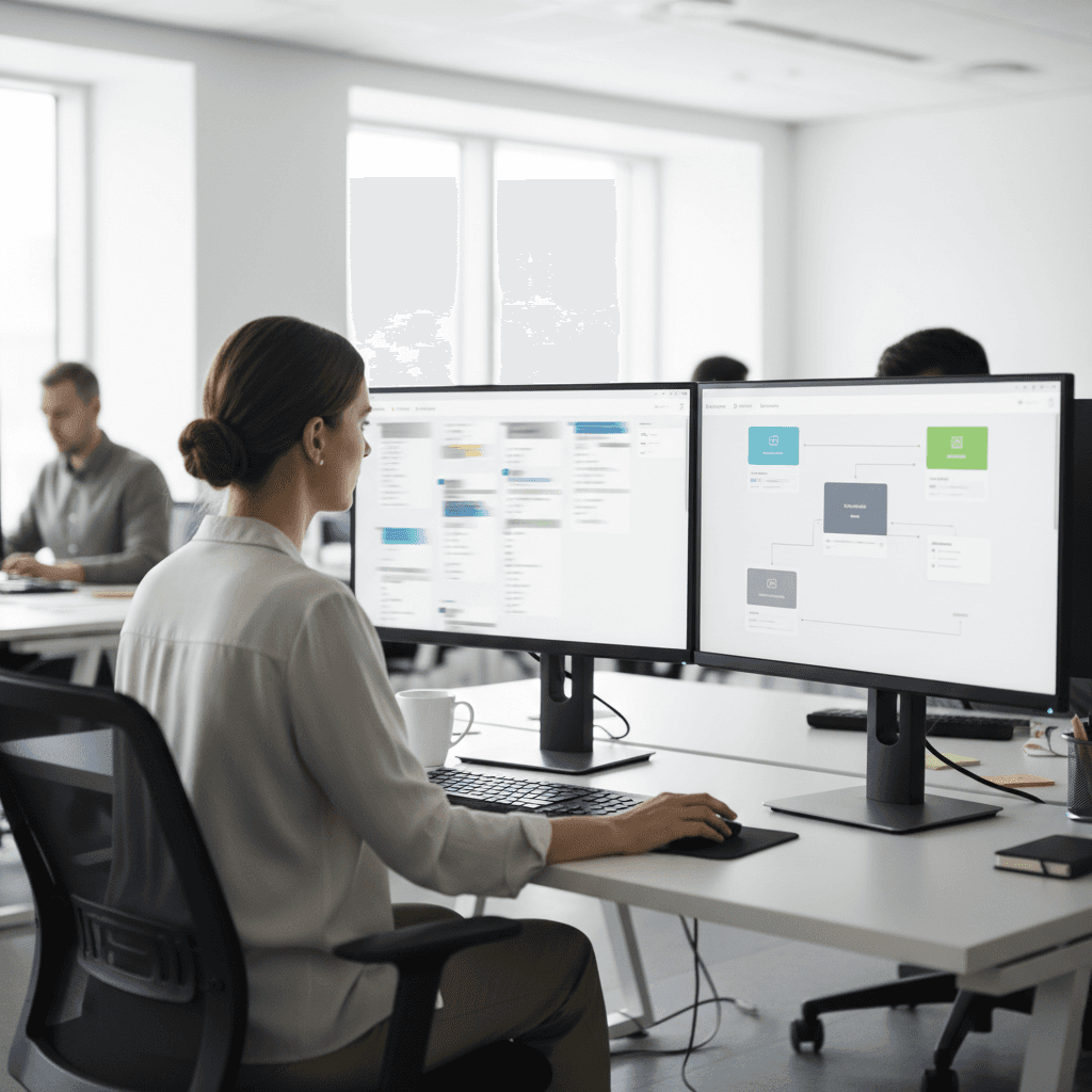 Operations manager working at a dual-monitor setup with email on one screen and a clean shared portal dashboard on the other