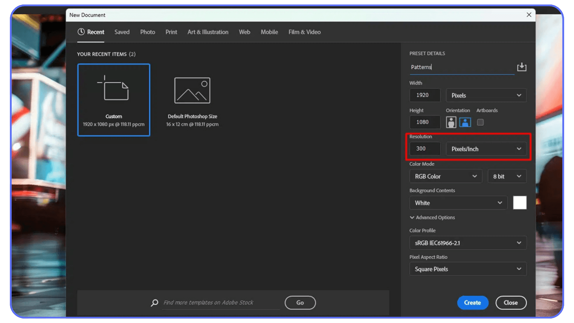 Photoshop New Document window displaying custom canvas settings, resolution set to 300 pixels per inch.