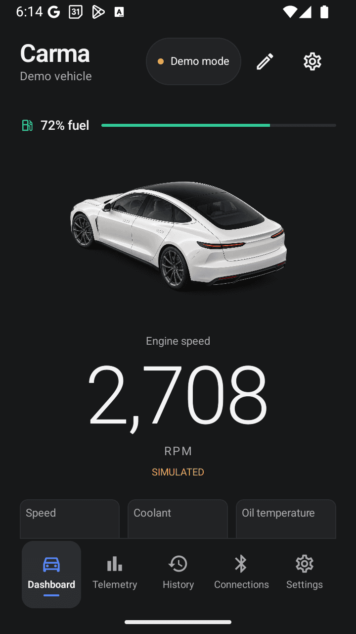 Carma’s phone dashboard with a primary RPM reading, fuel bar and supporting telemetry in demo mode