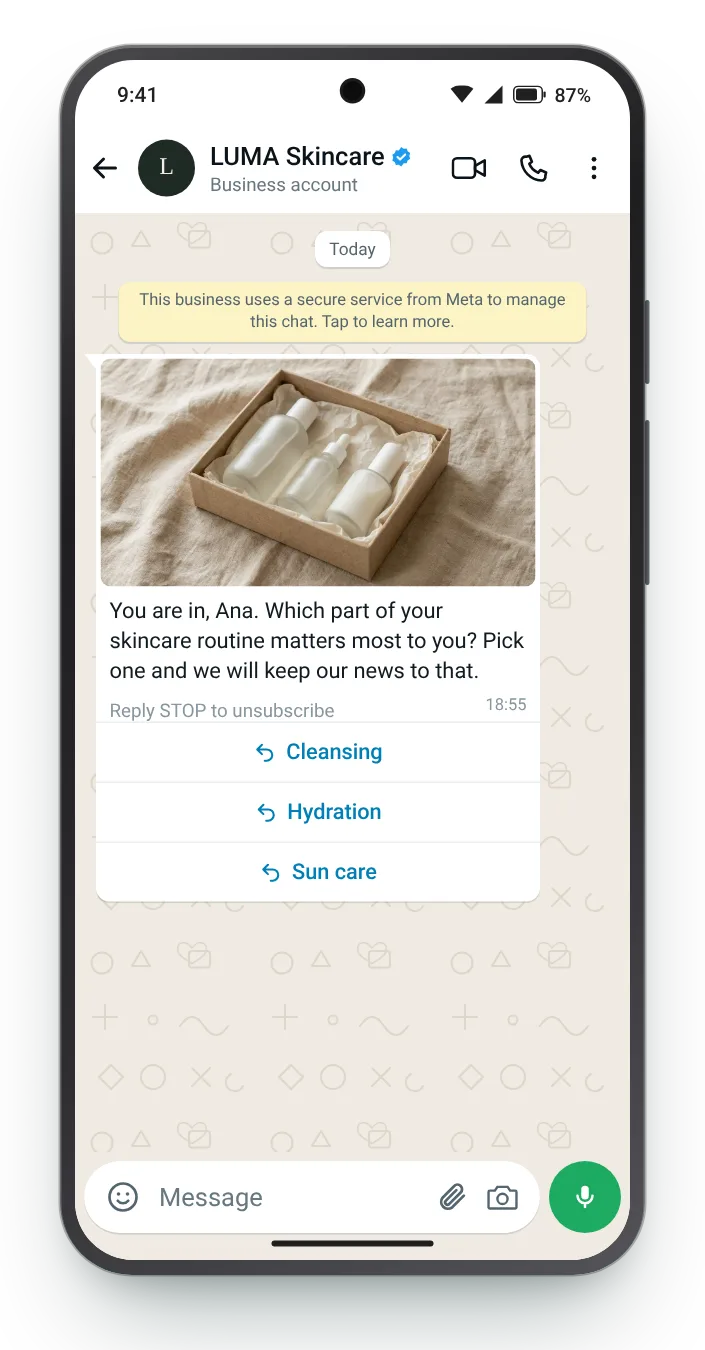 A first question about interests: WhatsApp greeting message on an Android phone