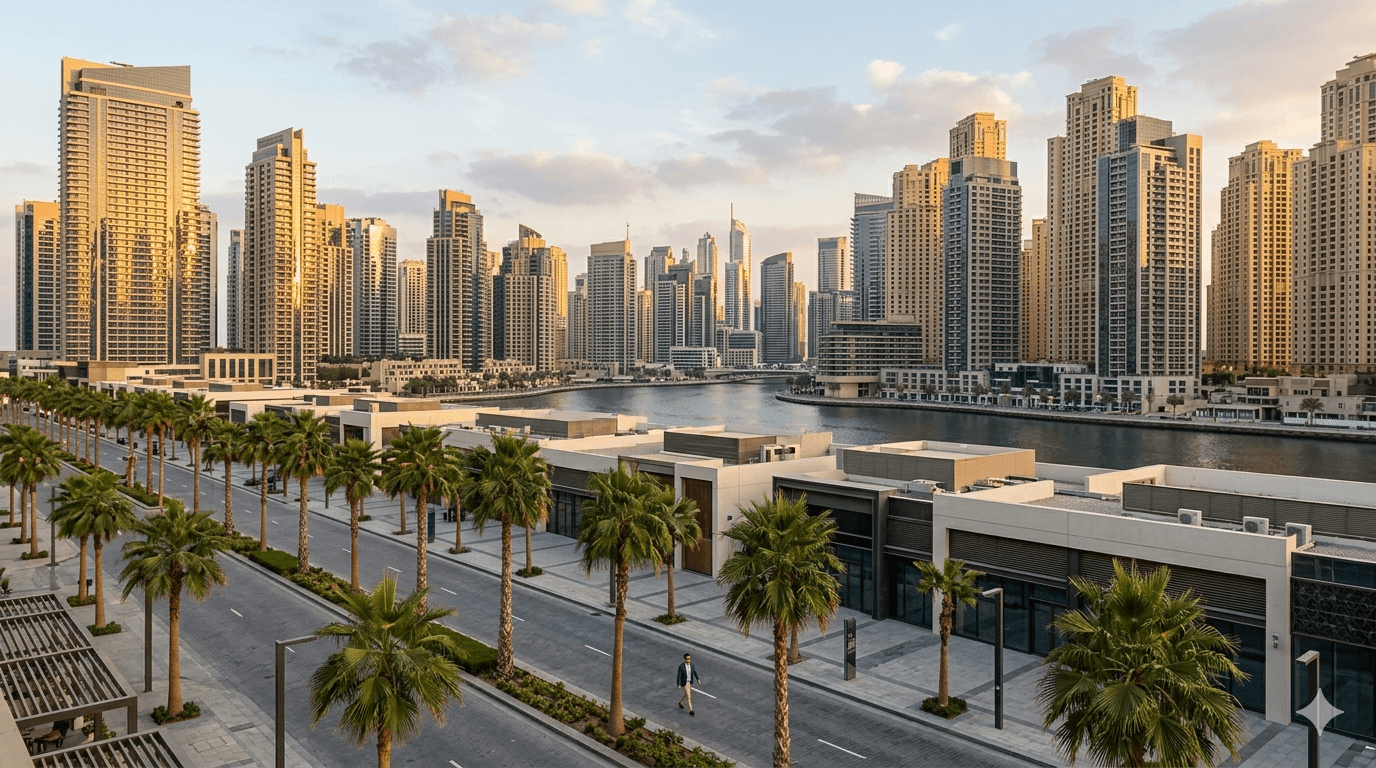 City Walk and Downtown Dubai viewed from central Dubai — comparing office locations against Dubai Marina for 2026 business commute.