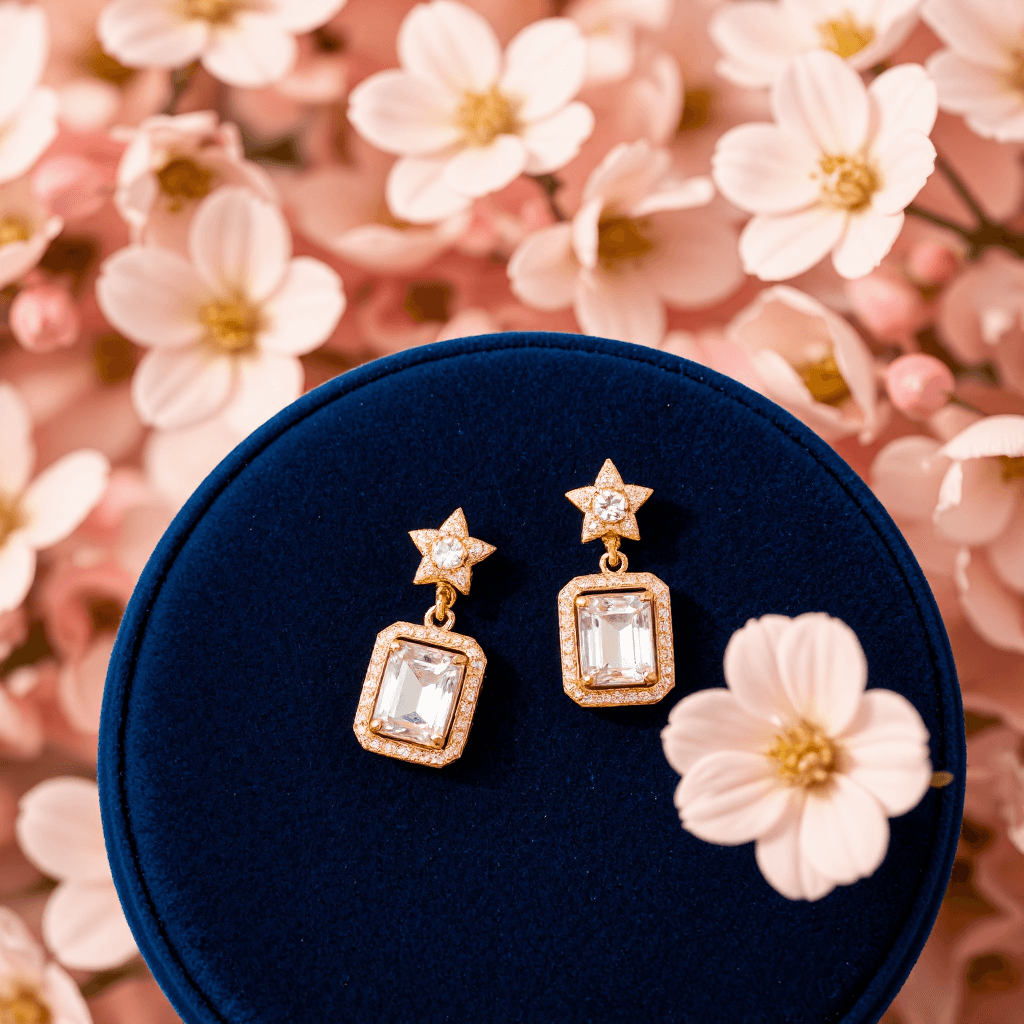 product photography of a pair of earrings with a sparkling design