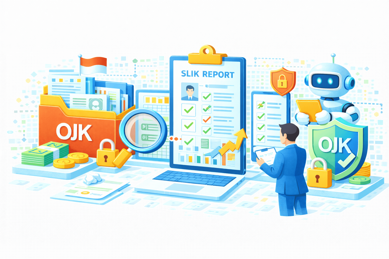 Ilustrasi pelaporan SLIK OJK dan kepatuhan kredit berbasis AI. Di tengah, laptop menampilkan SLIK REPORT berisi profil debitur, checklist hijau, grafik kinerja, dan panah tren naik. Di kiri, folder OJK berisi dokumen dan laporan, dilengkapi kaca pembesar (review) serta ikon gembok yang menandakan keamanan data.  Di kanan, AI/robot assistant memegang tablet di samping perisai OJK bertanda centang (approved/compliant), sementara seorang analis meninjau laporan pada clipboard. Uang/koin, ikon perisai, dan kunci merepresentasikan perlindungan aset, kontrol akses, dan kepatuhan regulasi. Visual menggambarkan alur end‑to‑end: pengumpulan data kredit, verifikasi SLIK, analitik, dan pelaporan aman ke OJK.