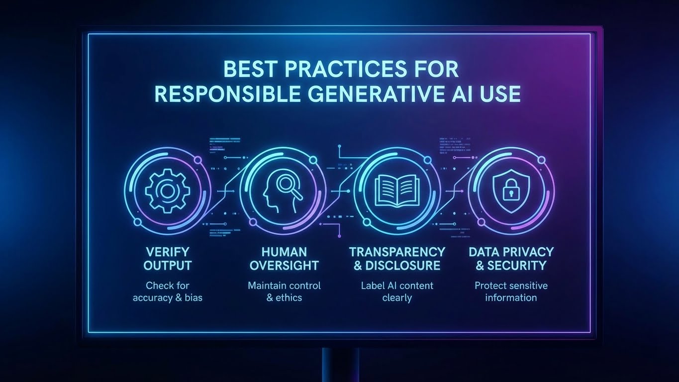 Best practices for responsible generative AI use showing verification of outputs, human oversight, transparency, and data privacy and security