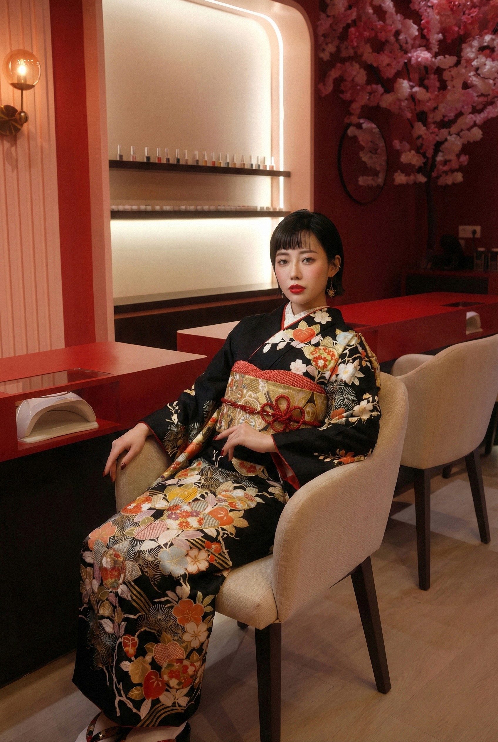 A woman in a beautiful kimono sits in nail salon, looking at the camera. She's sitting near red surfaces and cherry blossoms.