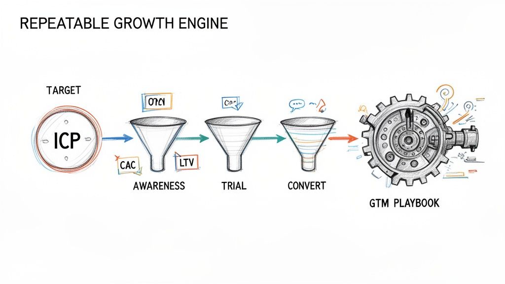 A diagram illustrates a repeatable growth engine with ICP targeting, awareness, trial, and conversion stages, feeding into a GTM playbook.