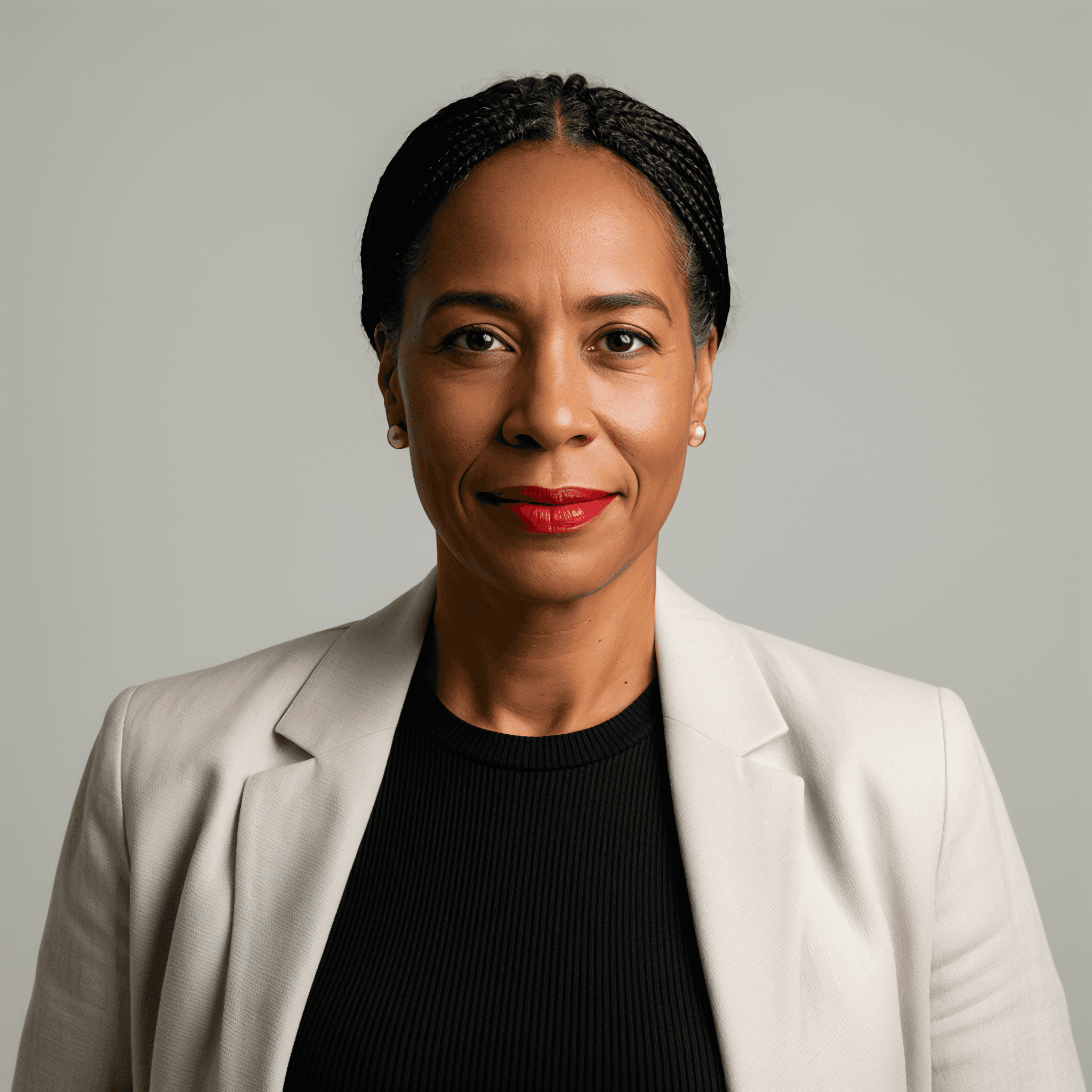 Portrait of a woman in a beige blazer with red lipstick, neutral background.