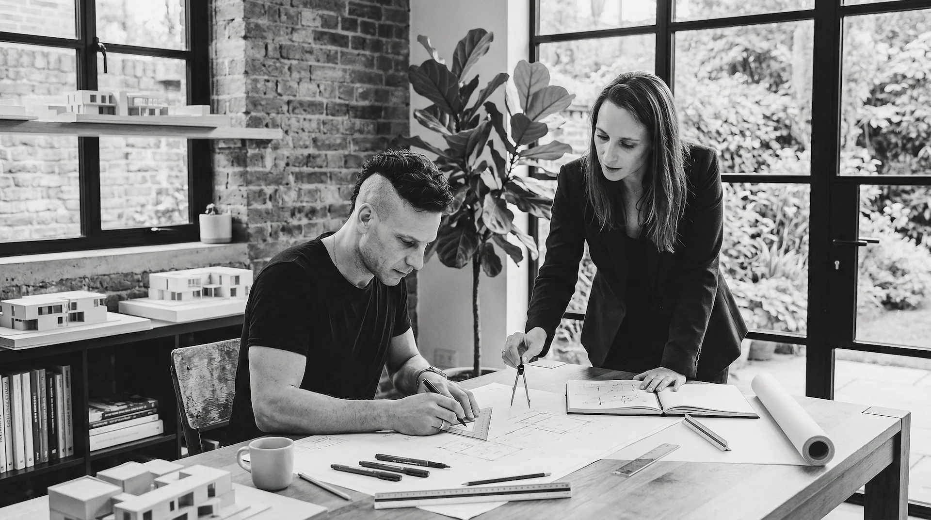 Tim en Iris Knubben werken samen aan een plattegrond in het atelier, met maquettes en tekengereedschap op tafel