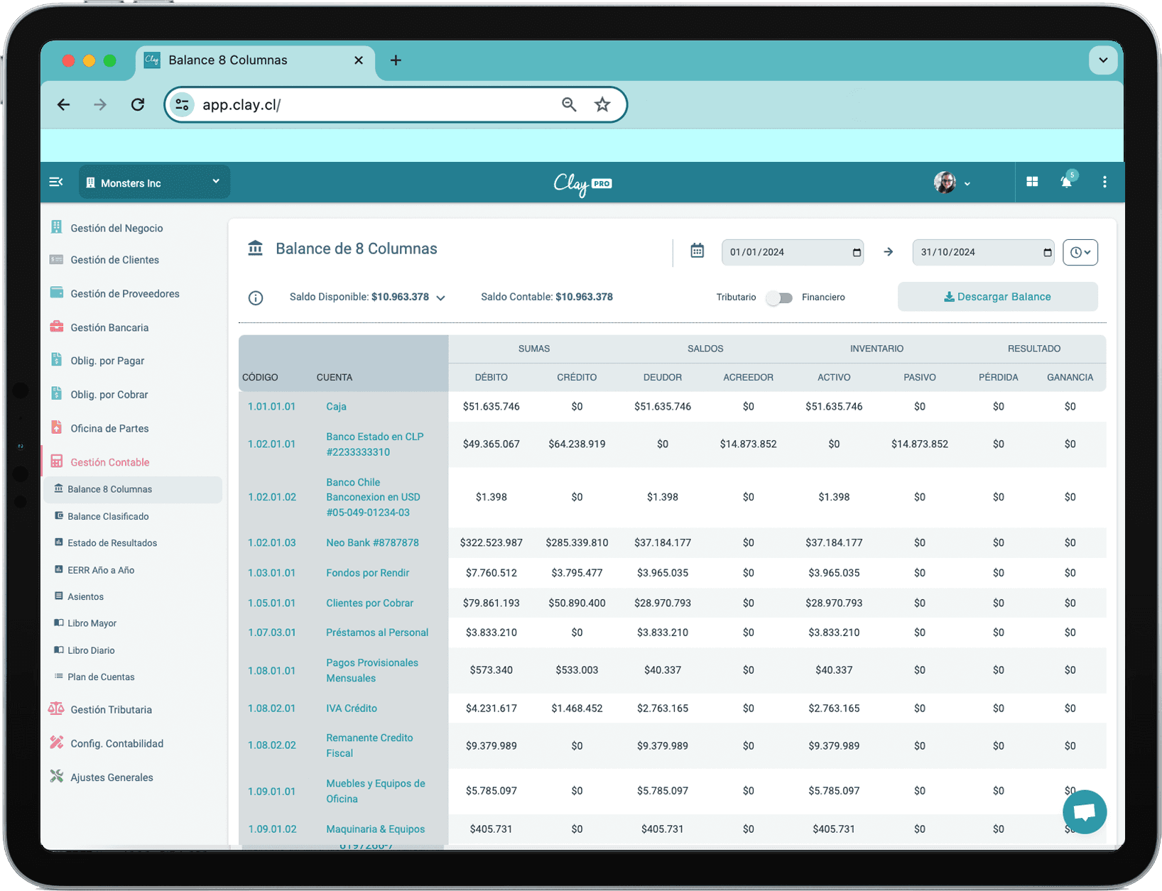 Panel de balance de 8 columnas en un ipad