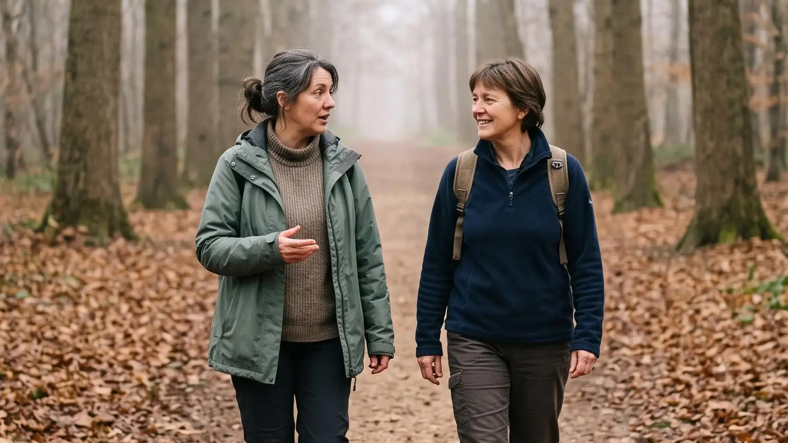 Two friends walking a woodland path together on a misty morning, mid-conversation