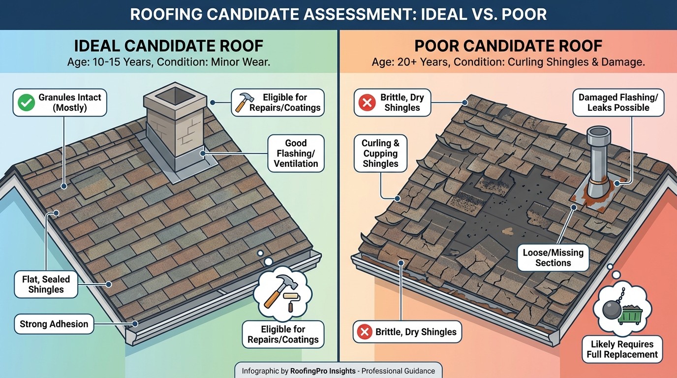 Roof Maxx ideal candidate comparison showing good vs poor candidate roof conditions