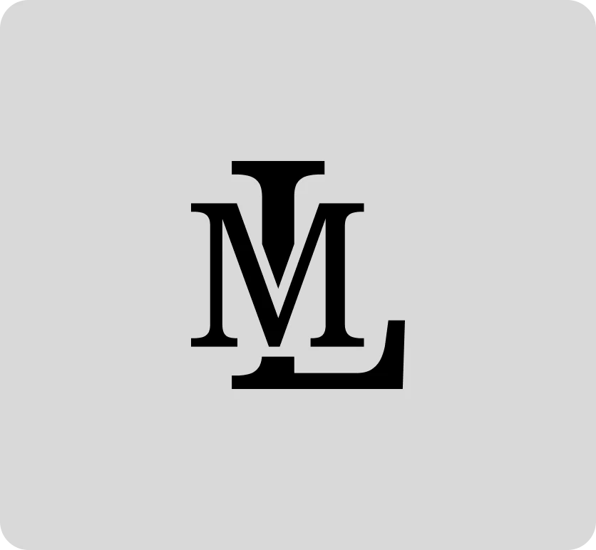 A stacked serif "ML" monogram with the L wrapping under the M, in black on light grey.