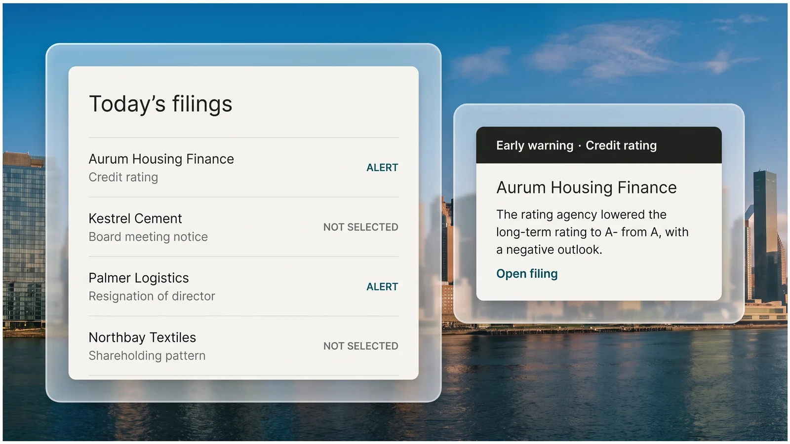 Each filing classified by event type, with the types the team picked turned into short alerts naming the company and what changed