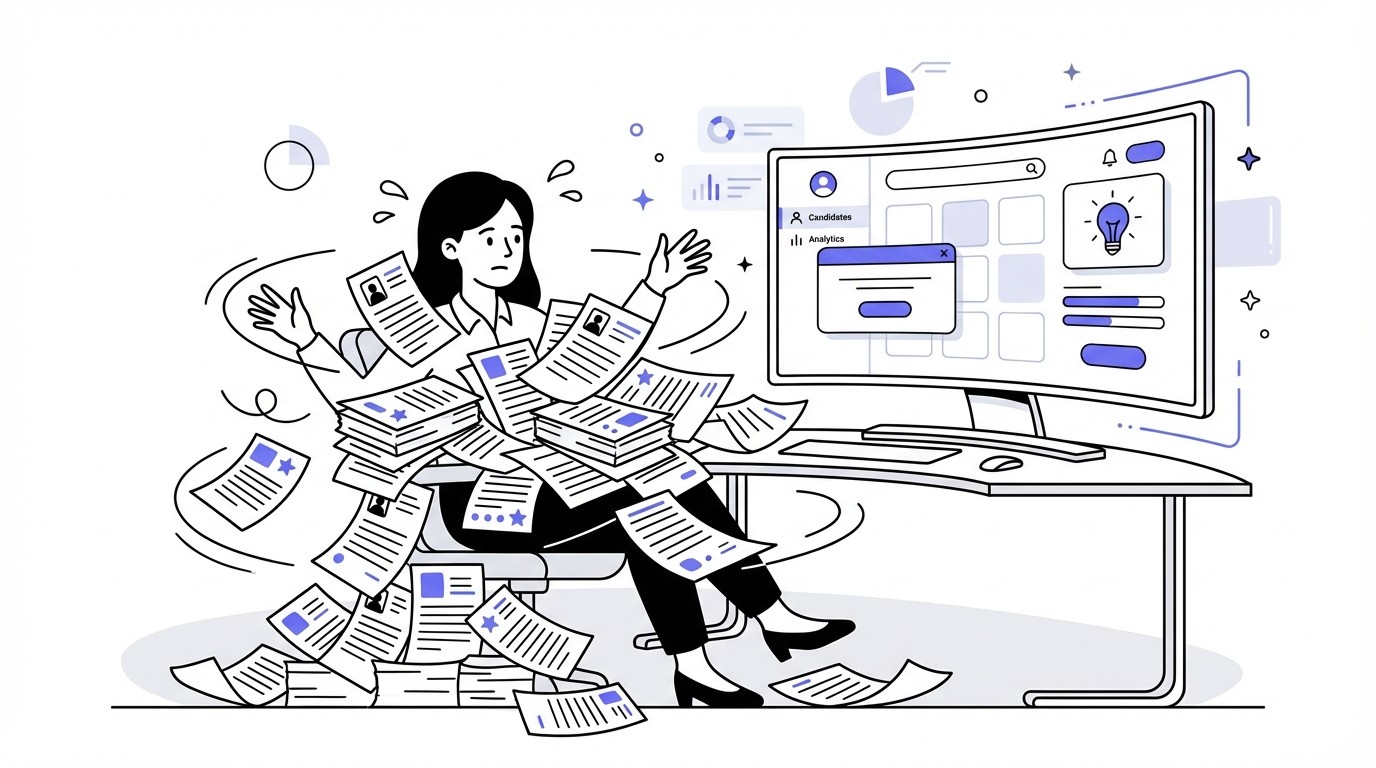 A modern illustration of a professional recruiter sitting at a desk, completely overwhelmed by a towering, chaotic pile of resumes spilling over their workspace. The background shows a clean, minimalist, tech-focused office.