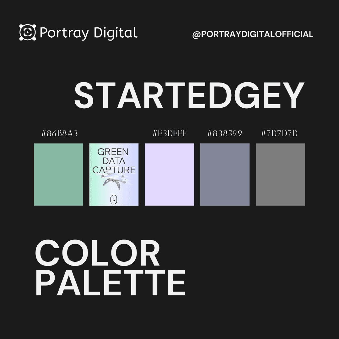 A digital color palette titled "STARTEDGEY" from Portray Digital, featuring five colors from light mint green to dark gray, with each color labeled by its hex code. The second swatch includes an illustration labeled "GREEN DATA CAPTURE" with a design of a downward pointing arrow. The image includes Portray Digital's logo and their Instagram handle @portraydigitalofficial.