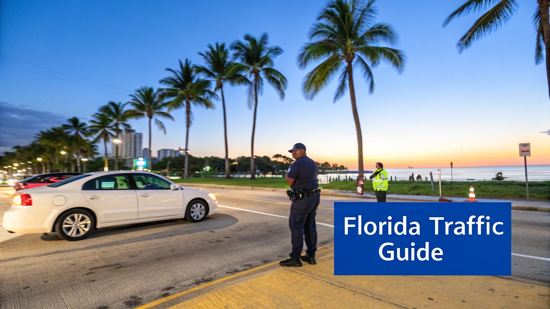 Florida Traffic Guide overlay, showing officers directing cars on a street at sunset with palm trees and ocean.