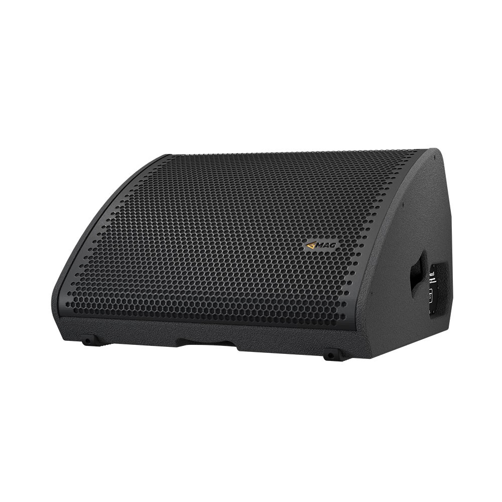 Black stage monitor speaker with MAG logo.