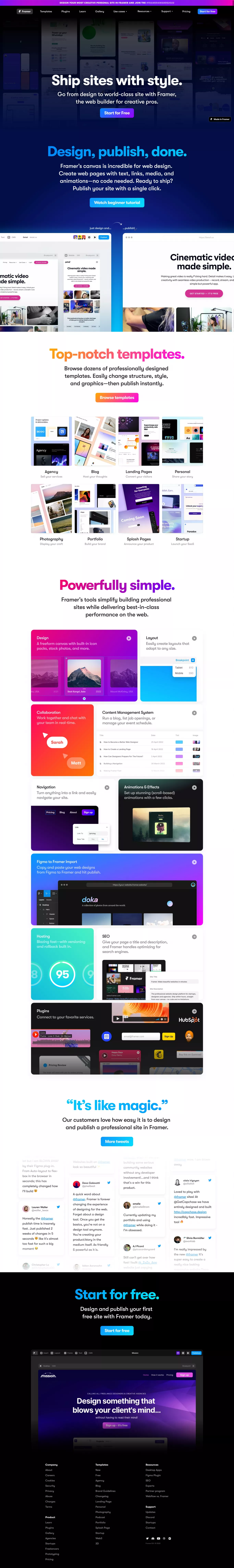 Framer: Ship sites with style landing page screenshot showcasing Design and Tech design