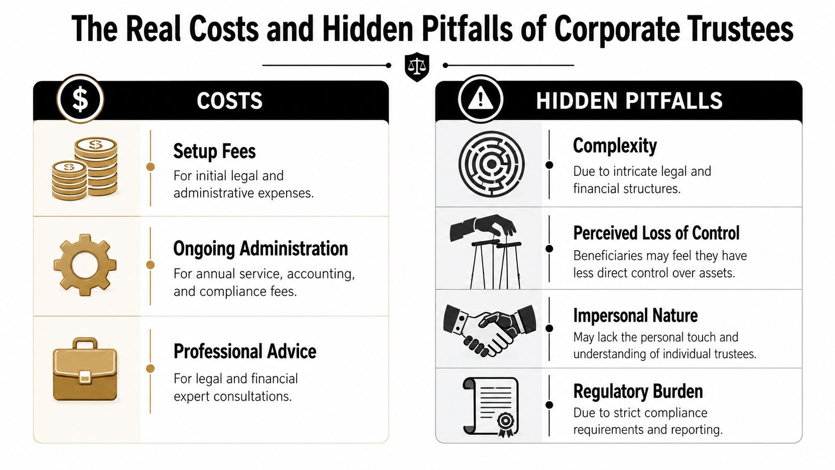 An infographic detailing the various costs and hidden pitfalls associated with utilizing corporate trustees for trusts.