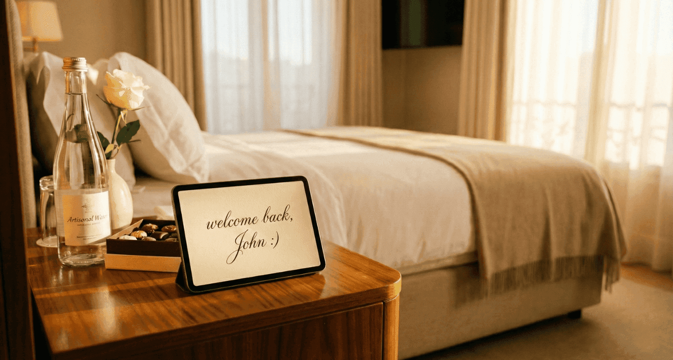 Personalized hotel guest experience featuring a digital tablet on a bedside table displaying a "Welcome back, John" message next to a box of chocolates and bottled water.