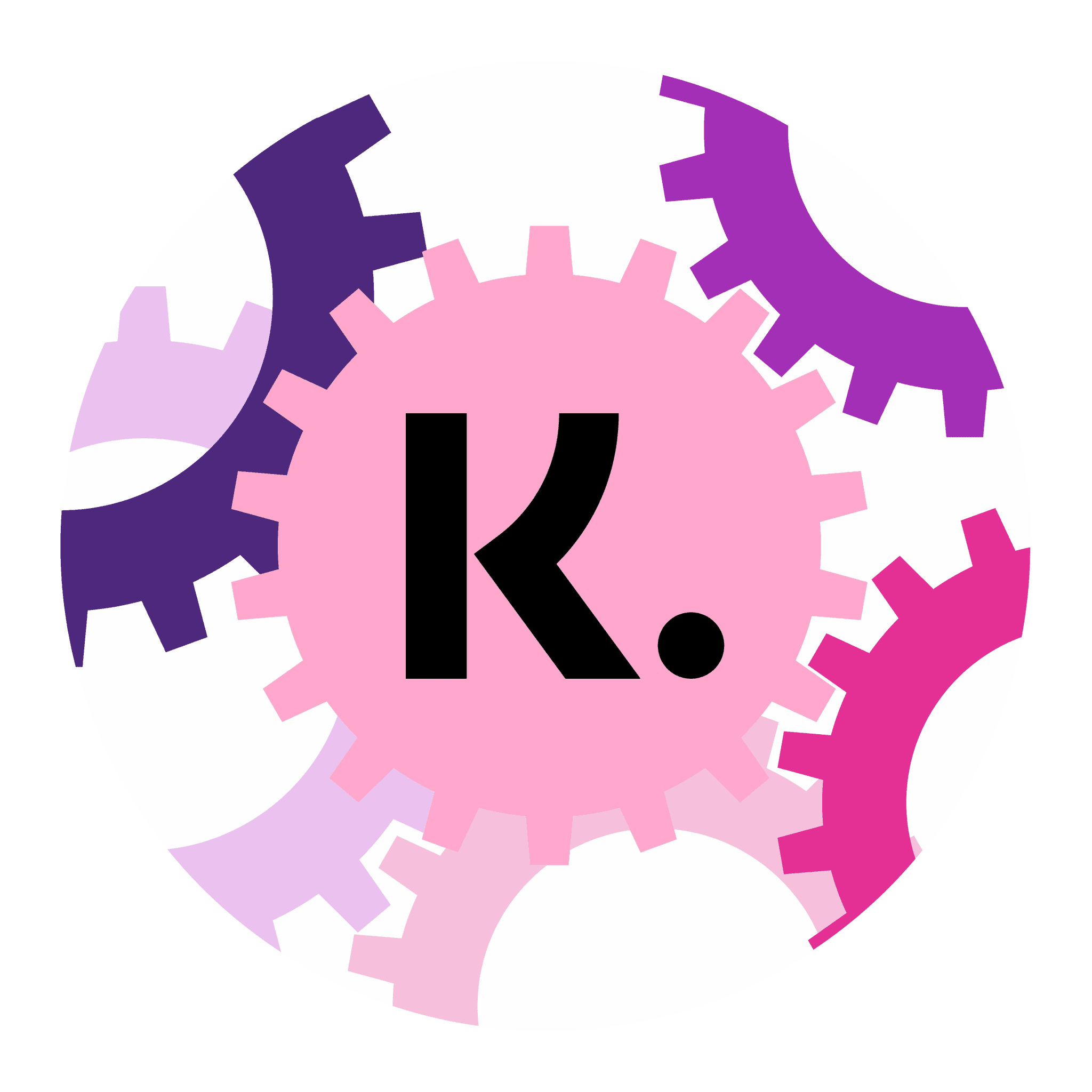 Drie in elkaar grijpende tandwielen in roze, paars en zwart met een grote 'K' op het centrale tandwiel, die Klarna's API-integratie met bunq illustreren.
