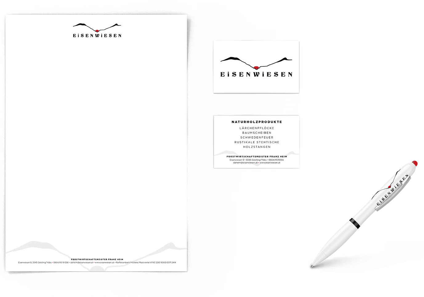 Geschäftsausstattung: Briefpapier, Visitenkarten, Kugelschreiber