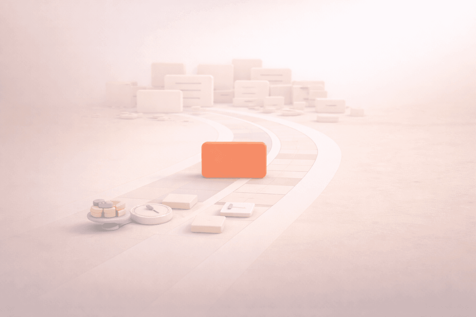 Minimalistische 3D-Illustration einer korallfarbenen Fokuskarte auf einem klaren, ruhigen Pfad, während im Hintergrund zahlreiche helle, überlagerte Workspace-Elemente weich ausblenden; wenige reduzierte Aufgaben- und Zeit-Symbole im Vordergrund stehen für eine vereinfachte, reizärmere und fokussierte Arbeitsumgebung.