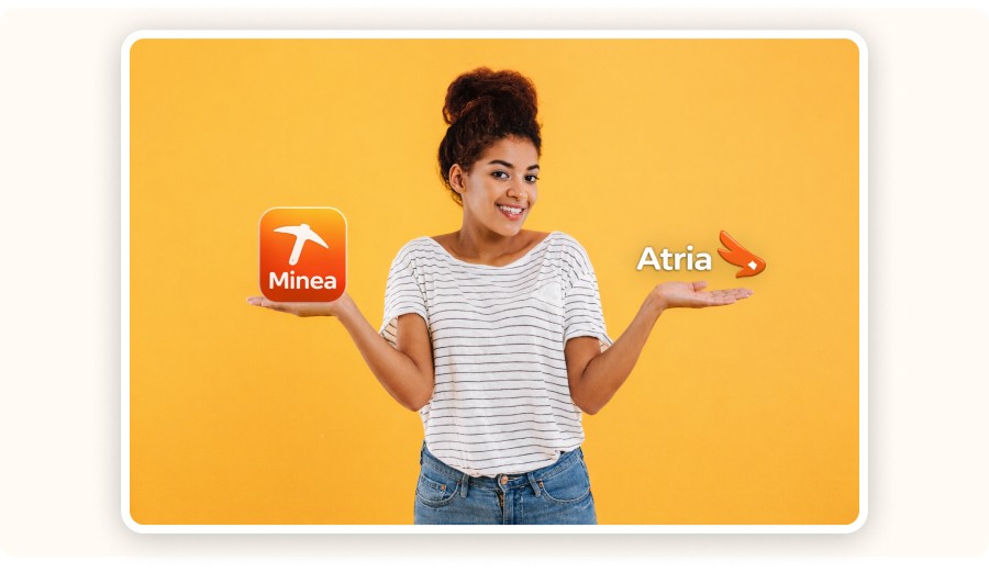 Woman holding the Minea and the Atria logo