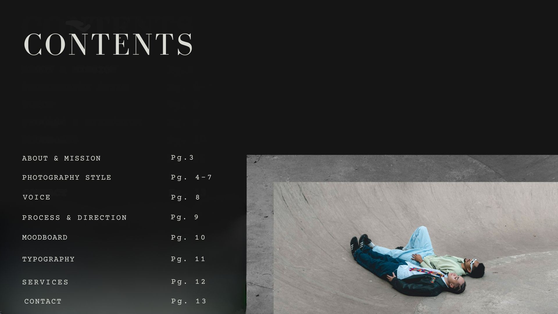 Editorial fashion photograph of a male model lying on a concrete skate bowl, showcased on a dark ‘Contents’ spread for Laura Homrich’s photography portfolio.