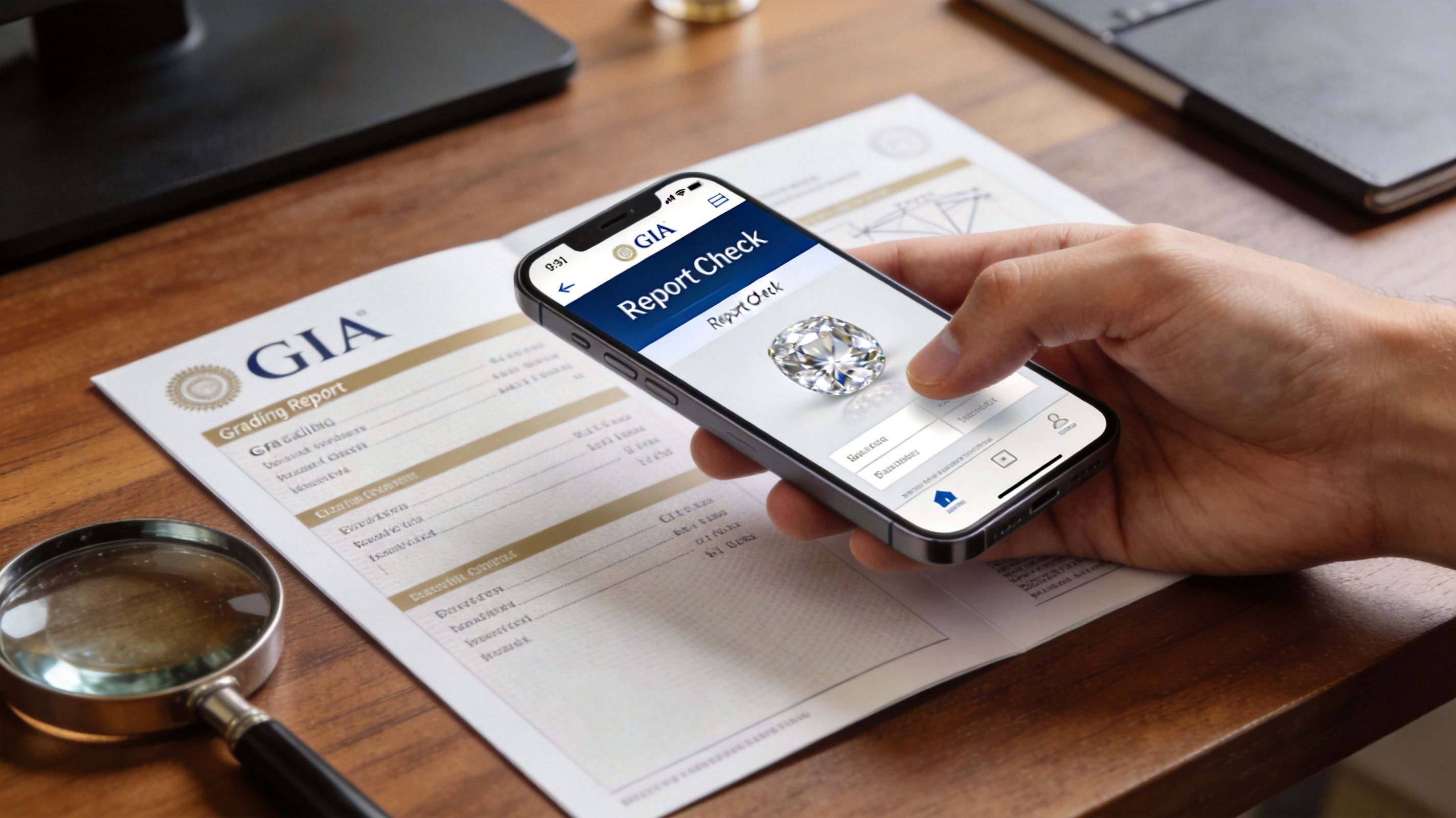 A hand holding a smartphone to scan a GIA grading report document next to a magnifying glass.