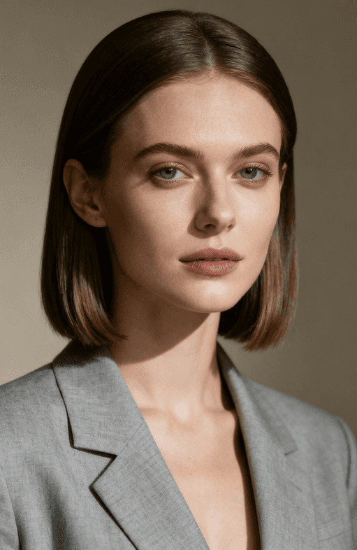 A woman wearing a grey suit and a white shirt, standing confidently with a neutral expression.