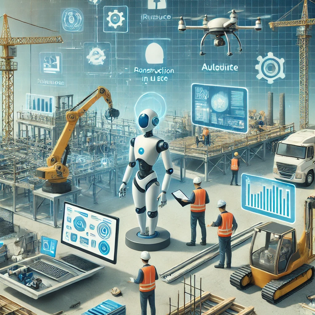 Chantier de construction utilisant diverses technologies d'intelligence artificielle, avec des robots et drones assistés par des tableaux de bord numériques pour la gestion des projets et l'optimisation des tâches