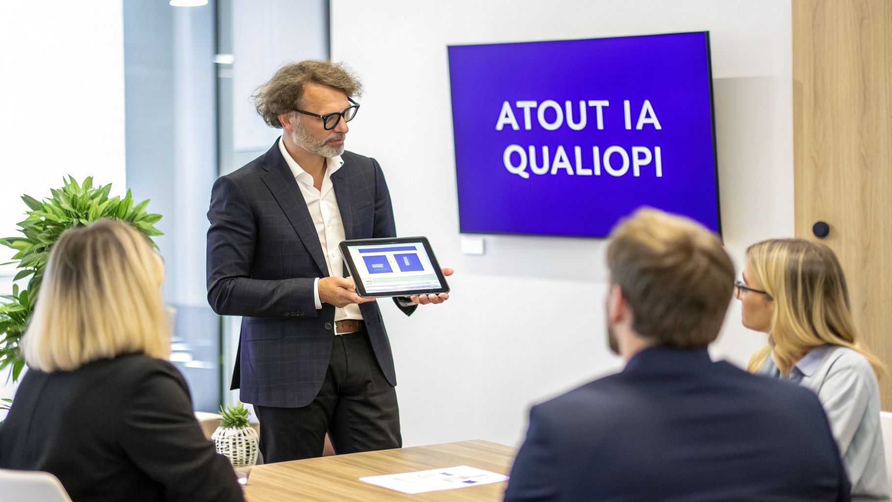 Un homme présente sur une tablette à un public en salle de réunion, avec un écran affichant 
