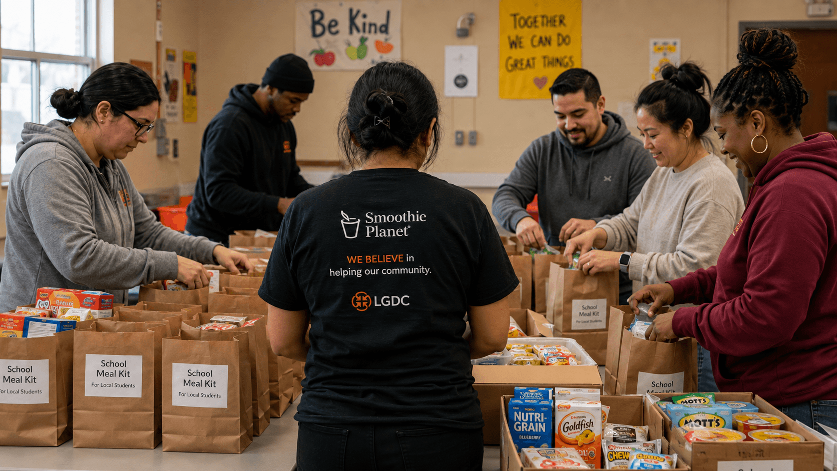 Community volunteers prepare school meal kits together.