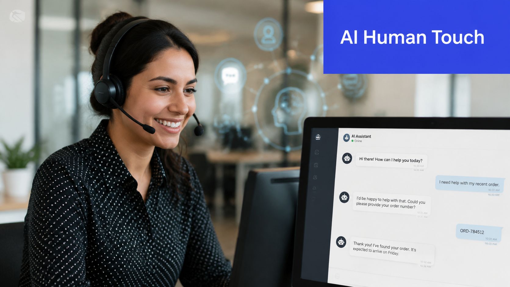 A friendly customer service representative using an AI assistant chatbot interface on a computer screen.