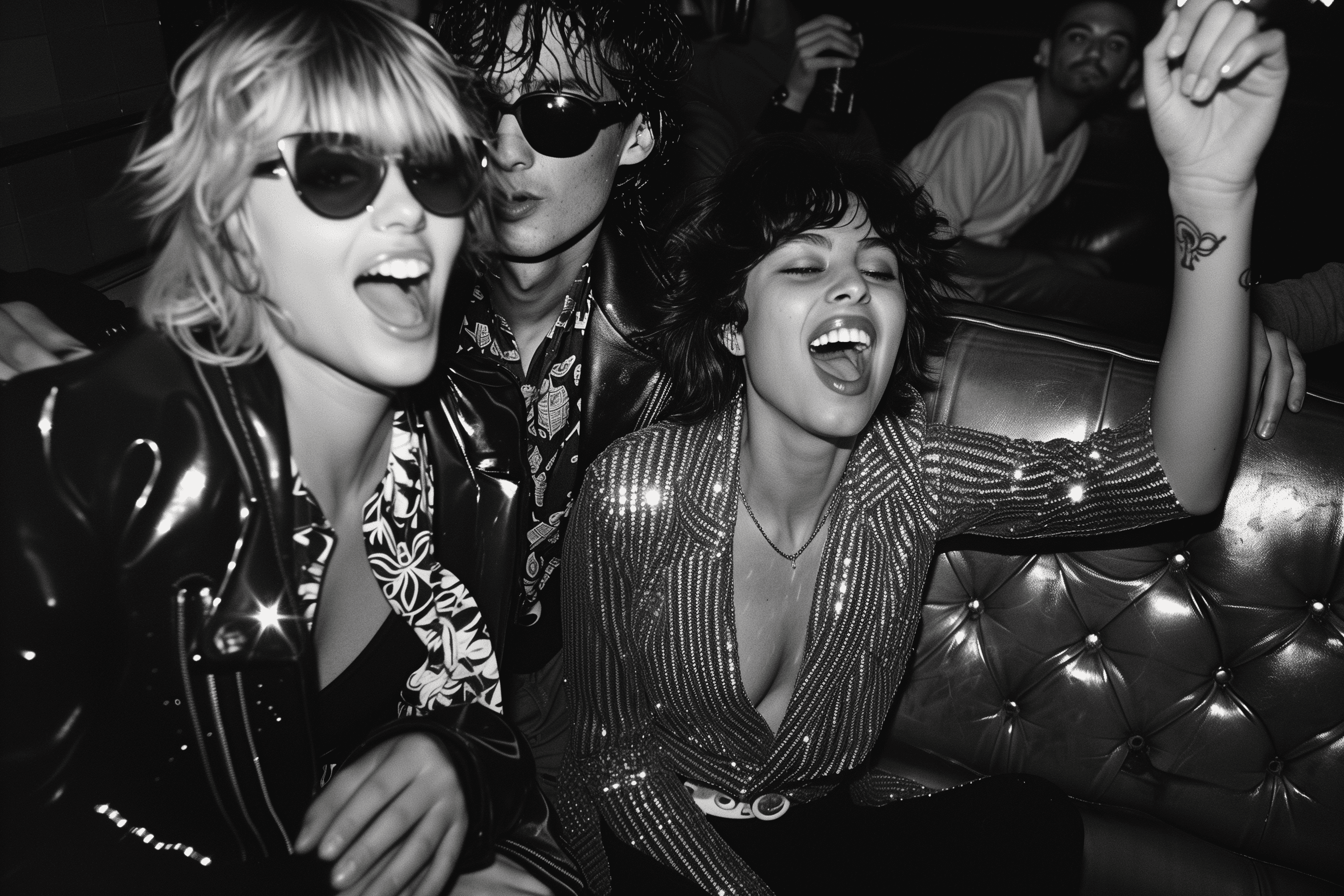 AI generated image of a group of young adults enjoying a lively nightclub party, laughing and dancing on a leather sofa with sparkling outfits and sunglasses, capturing an energetic nightlife scene.