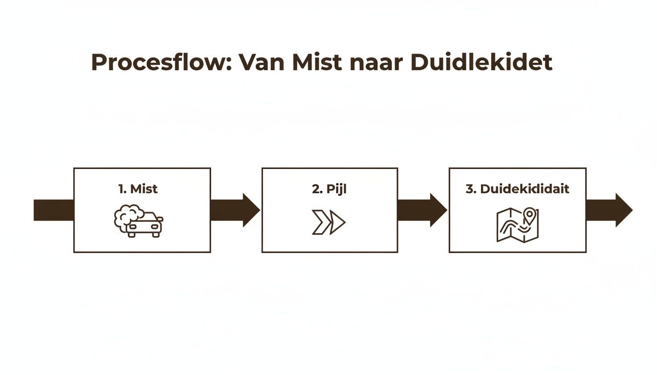 Een procesflow met drie stappen: mistige auto, richtingspijlen en een duidelijke kaart.