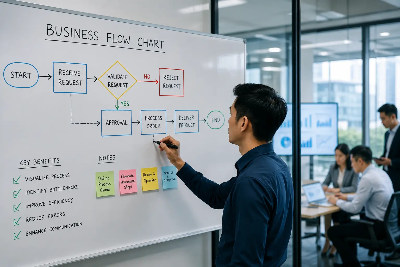 Ilustrasi tim sedang berdiskusi cara membuat business flow chart di papan tulis