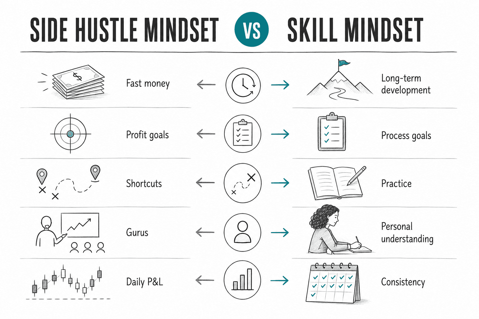 Comparison diagram contrasting a side hustle mindset with a skill mindset in trading. The graphic compares fast money versus long-term development, profit goals versus process goals, shortcuts versus deliberate practice, gurus versus personal understanding, and daily profit and loss versus long-term consistency.