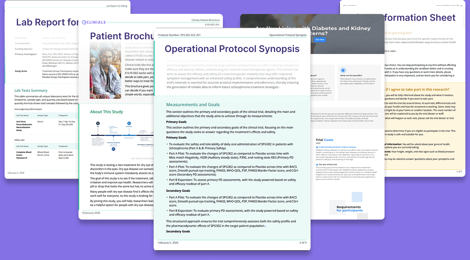 Examples of Operational Synopsis, Patient information sheet, Landing Page, Patient Brochure and Lab report for billing