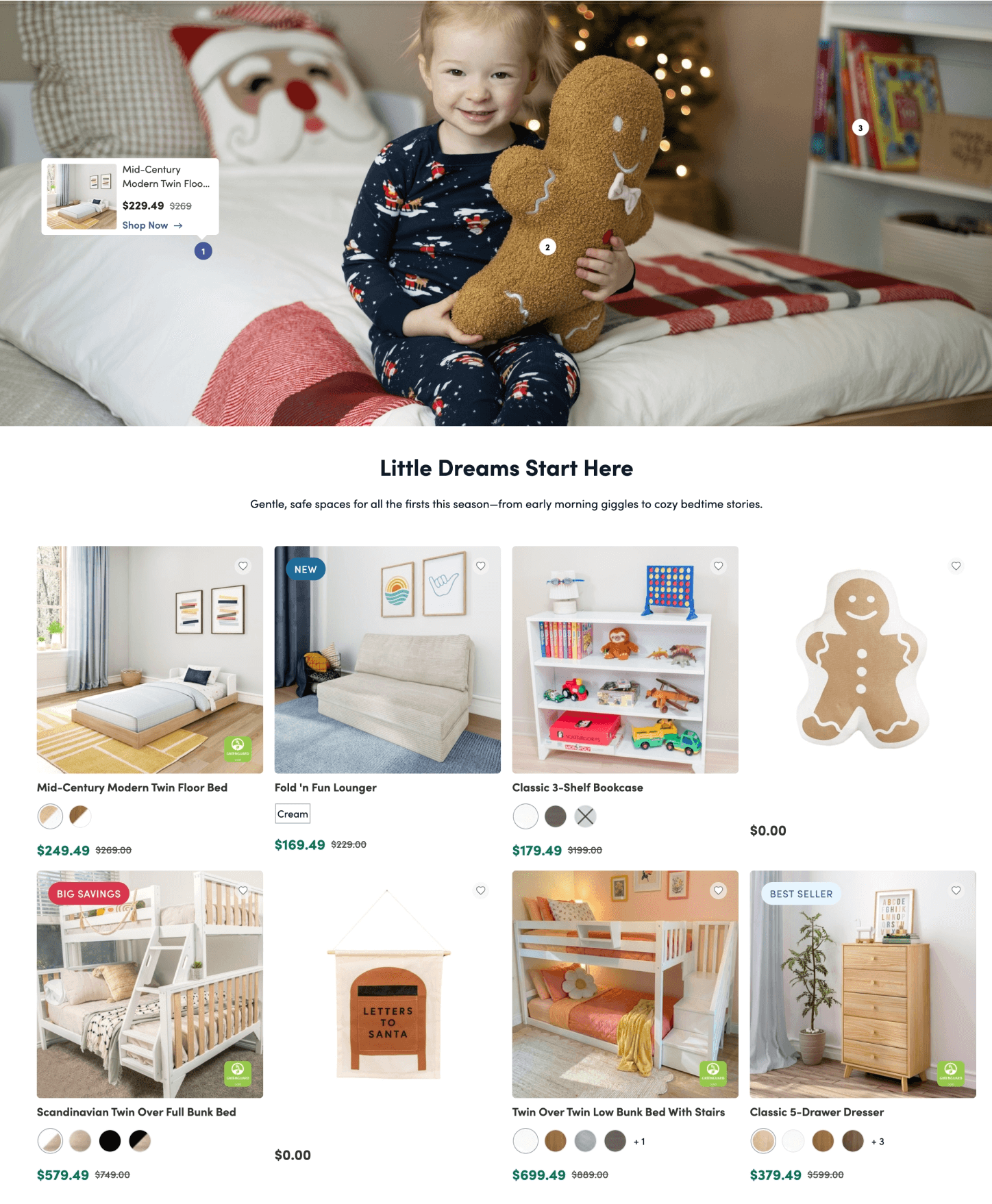 A webpage section highlighting furniture for younger children including a floor bed, shelving, dresser, other bed options, and holiday themed decor.