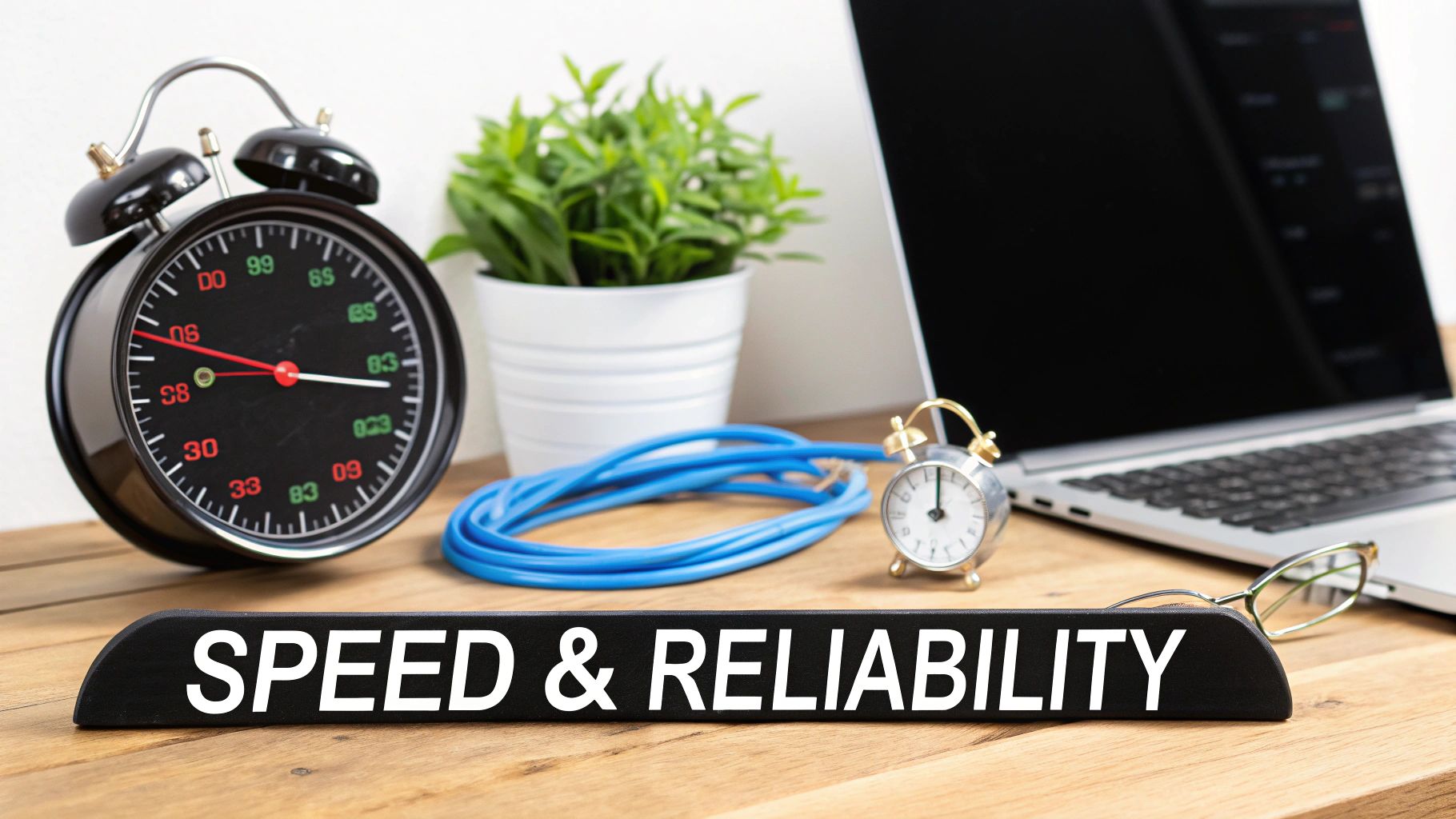 Desk setup with a stopwatch, laptop, and 'SPEED & RELIABILITY' sign, symbolizing fast and dependable service.