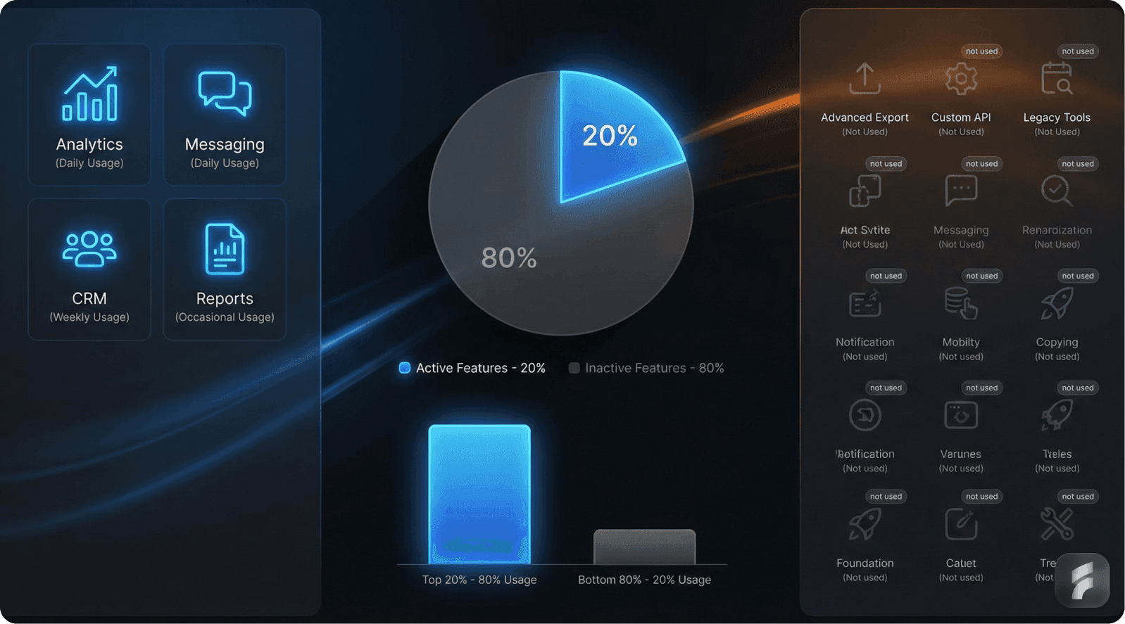 A pie chart showing that 20% of features are actively used while 80% remain inactive, with icons for CRM, analytics, and messaging, highlighting feature usage patterns in SaaS.