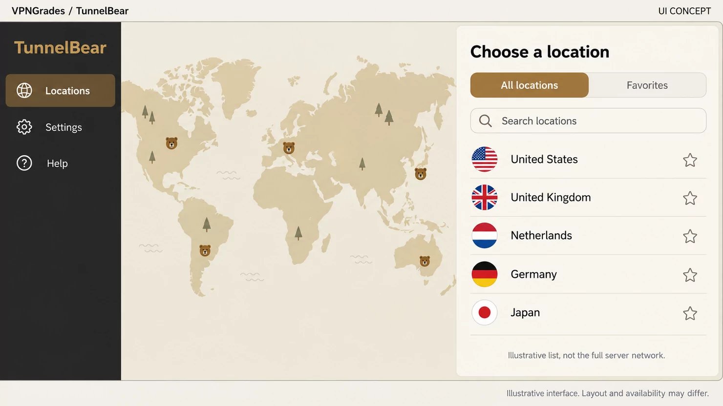 TunnelBear: a location picker concept (illustration).