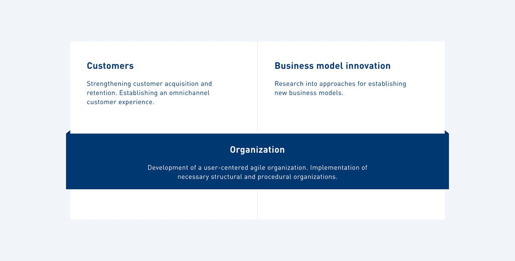 Text graphic with three areas – 'Customers', 'Business Model Innovation', and 'Organisation', each with brief descriptions of customer retention, the development of new business models, and organisational development.