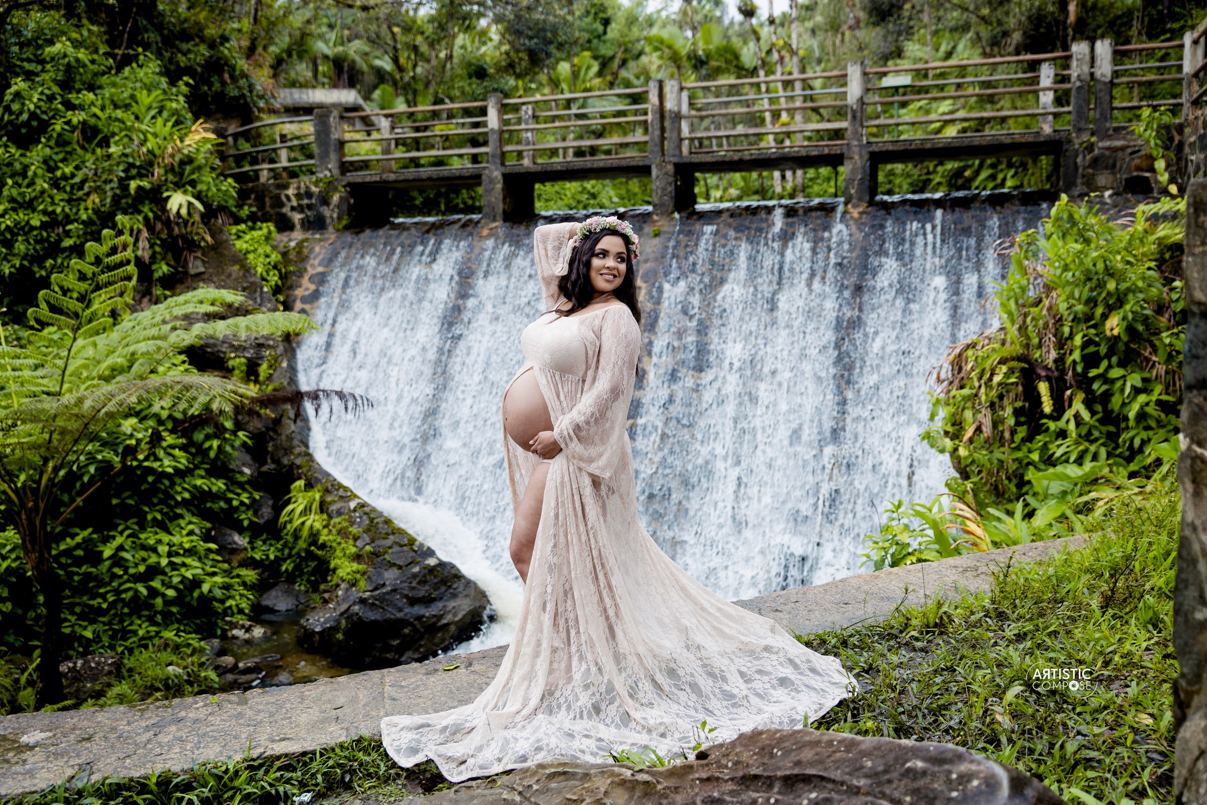 Bride in white dress walking on street, blurred motorcycle passing