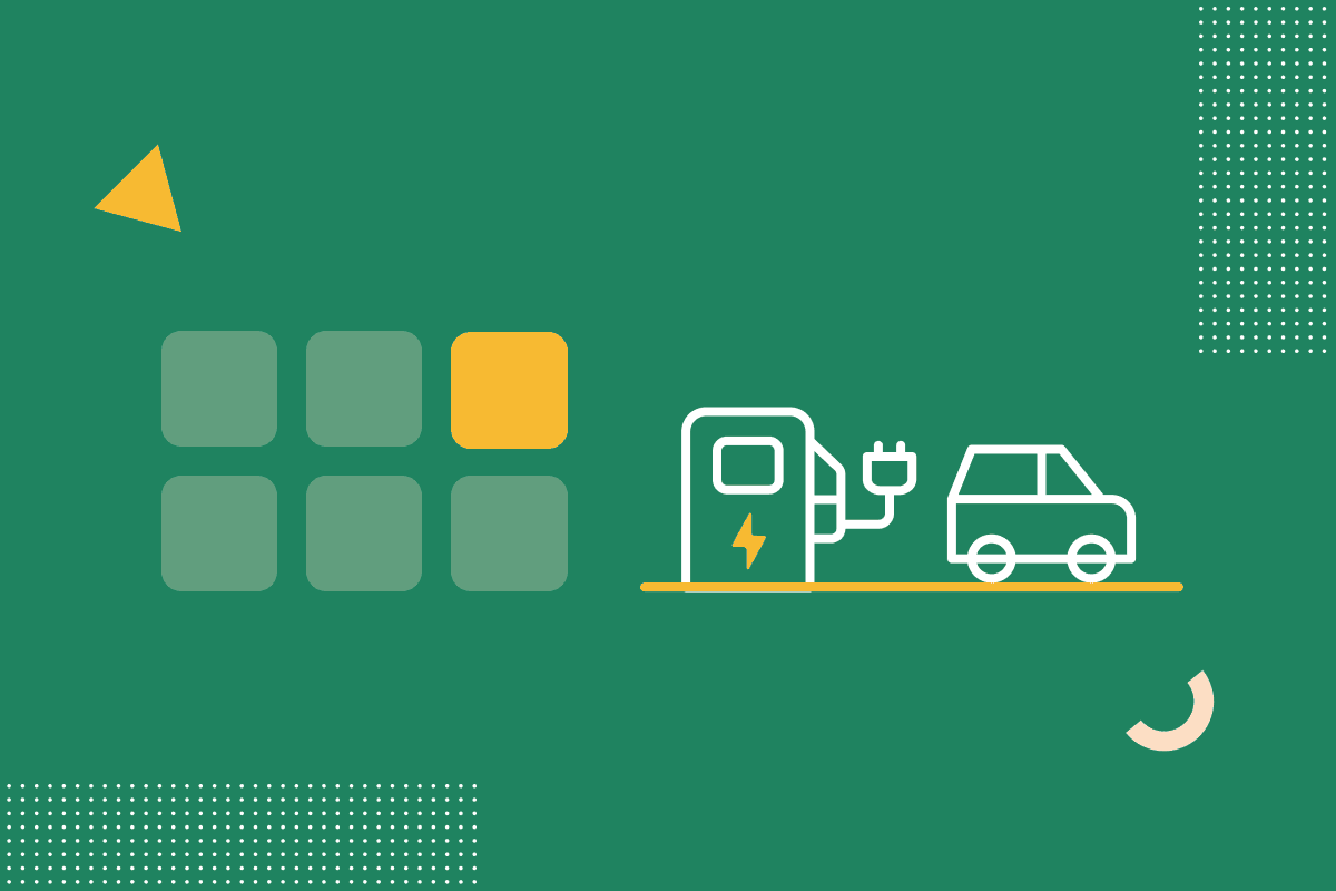 An illustration of a three by two grid layout, with the top right square highlighted in a amber colour. To the right of the grid is an illustration of an electric car parked at an EV charging point.